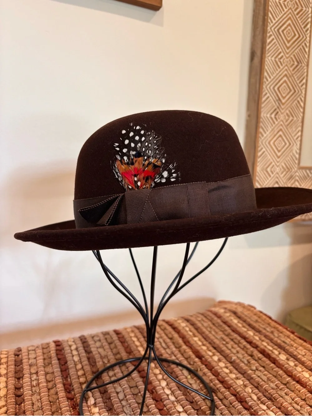 Vintage Adolfo II New York Paris Brown Wool Fedora Feather Trim Bloomingdale’s - Picture 9 of 9